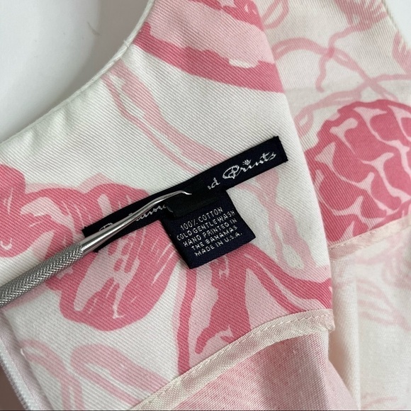 Bahama Hand Prints Beach Cream & Pink Conch Shell Summer Vacation Mini Dress - Picture 14 of 16